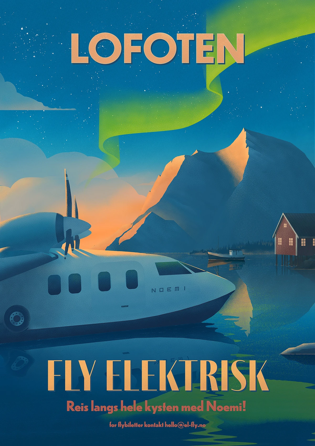 Cartel con ilustracin del futuro hidroavin para las Islas Lofoten. Foto: Elfly